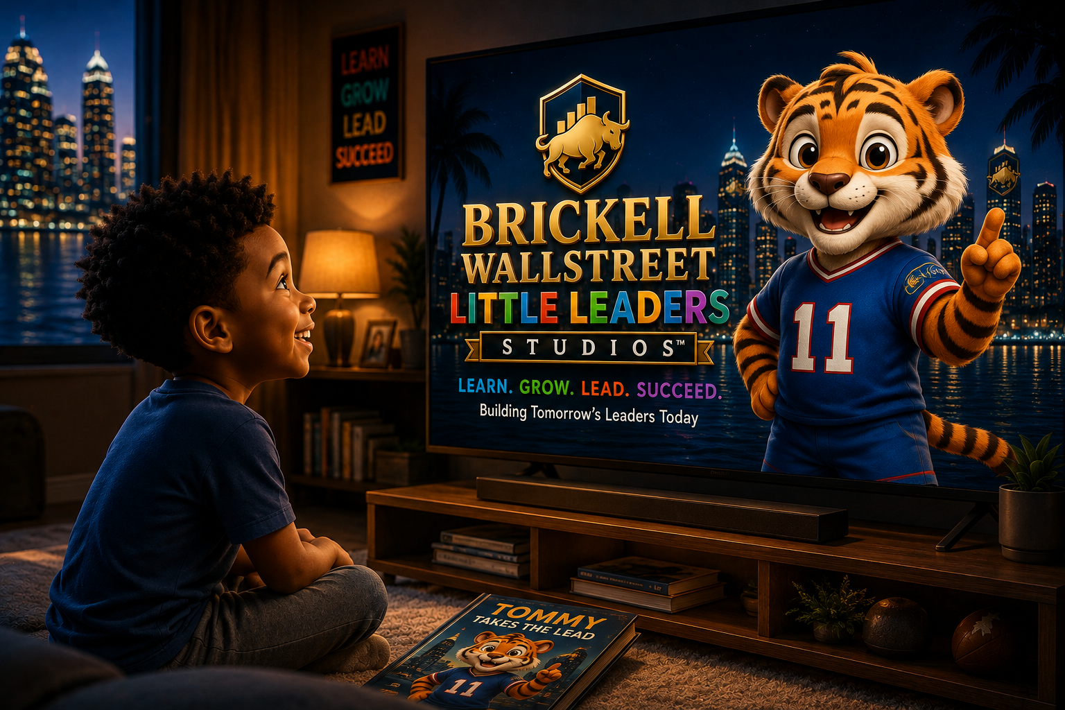 Brickell Wallstreet Little Leaders Studios — a boy watching the Little Leaders tiger mascot on TV
